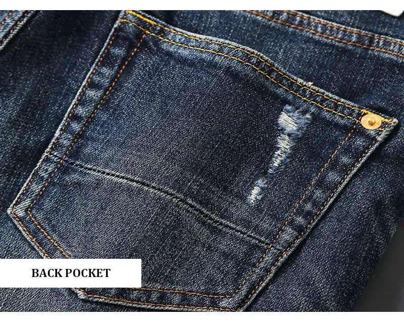 Italian street fashion men's jeans, high-quality retro washed blue elastic slim fit corrugated patch jeans, men's retro denim pa