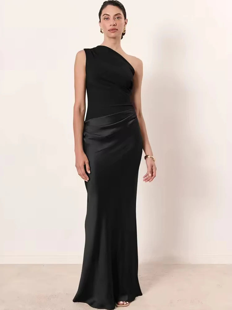 JULISSA MO Patchwork Satin One Shoulder Maxi Dress