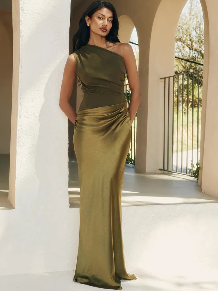 JULISSA MO Patchwork Satin One Shoulder Maxi Dress