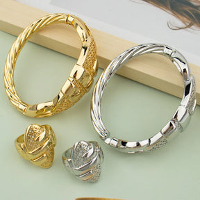 Cuff Bangle & Ring Set 18K Gold Plated for Women