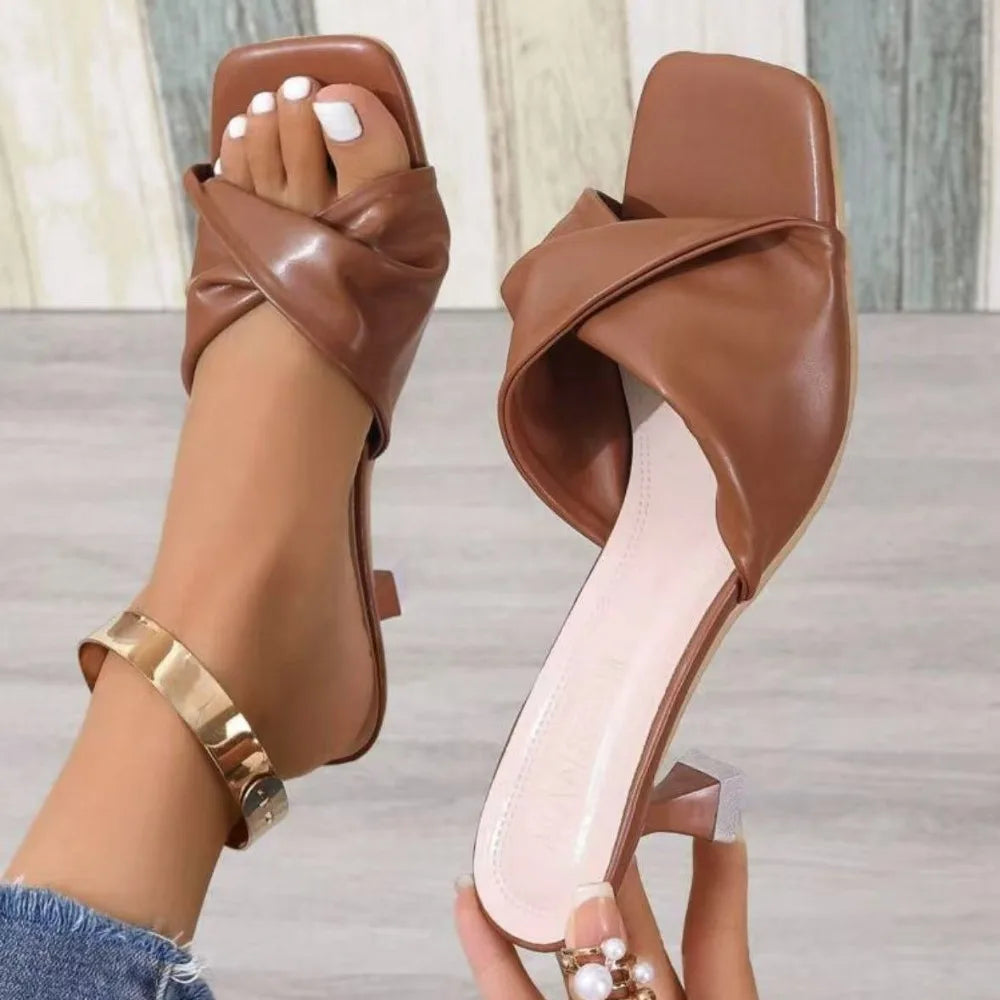 Handmade Summer Women's Square Open Toe High Heel Slippers