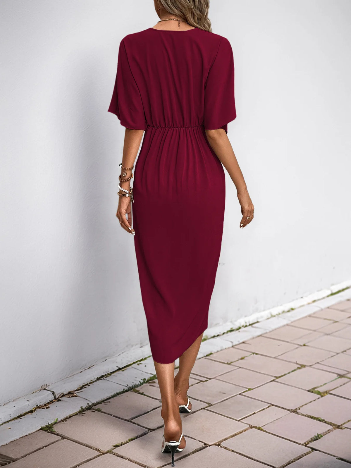 Summer Women's V-neck Pleated Irregular Midi Dress