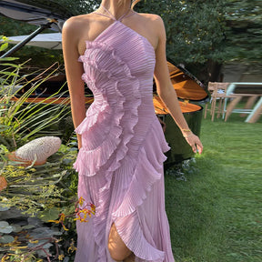 Chic Lotus Edge Backless Lace-Up Halter Maxi Dress