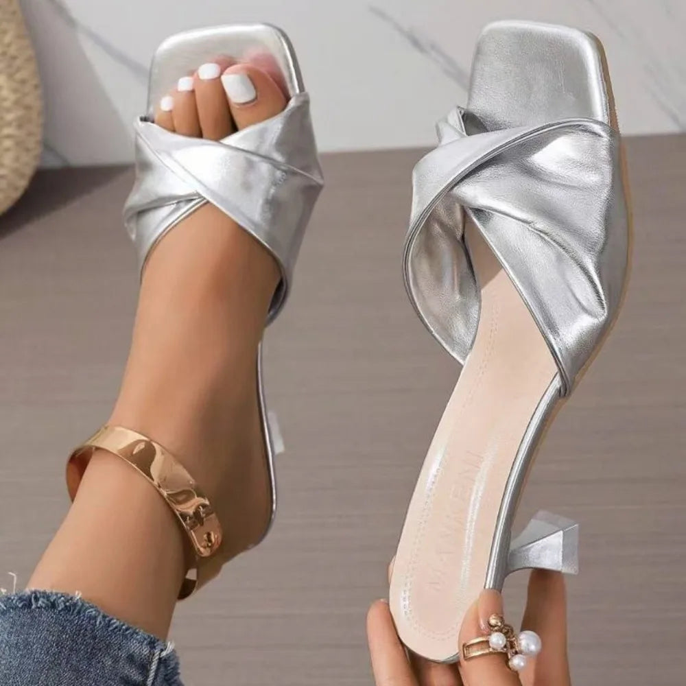 Handmade Summer Women's Square Open Toe High Heel Slippers