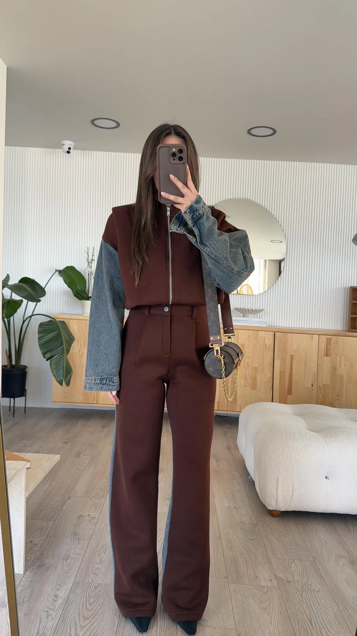 Denim Patchwork Sweatshirt Coat & Wide Leg Pants Set