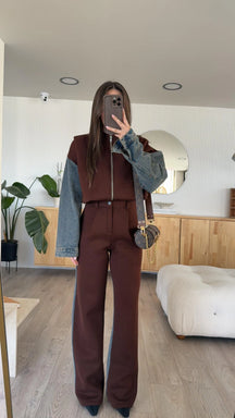 Denim Patchwork Sweatshirt Coat & Wide Leg Pants Set