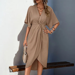 Summer Women's V-neck Pleated Irregular Midi Dress