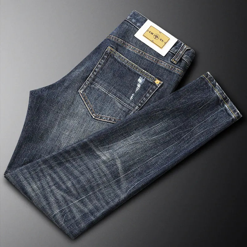 Italian street fashion men's jeans, high-quality retro washed blue elastic slim fit corrugated patch jeans, men's retro denim pa