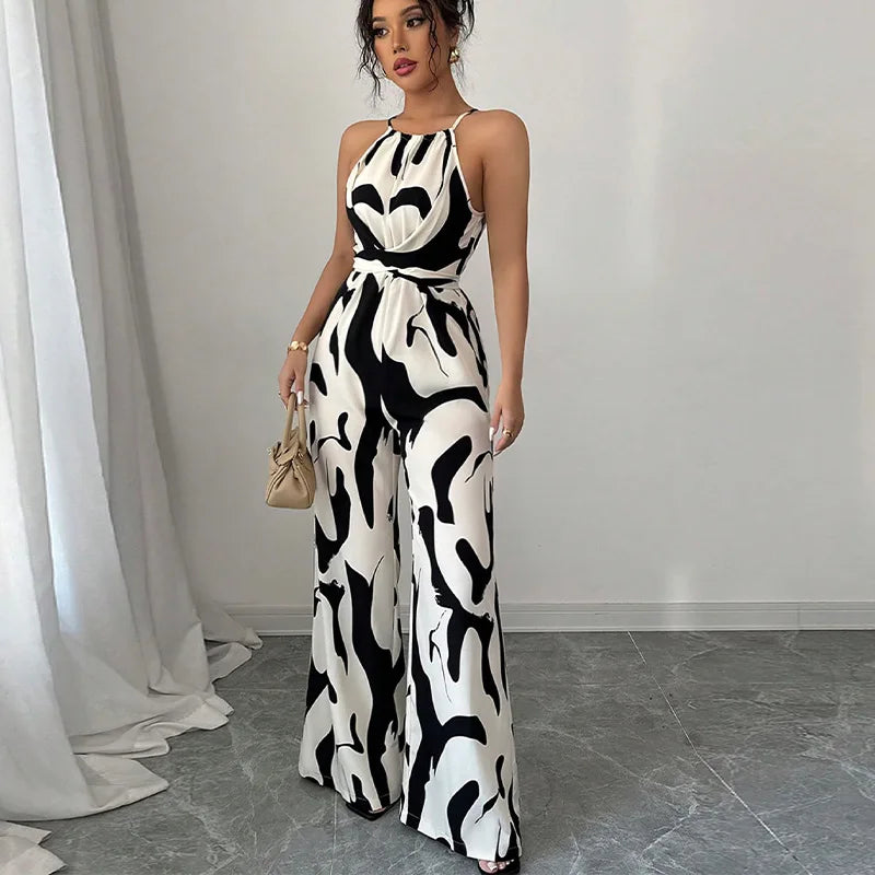 Summer Women's Sexy Halter Neck Geometric Print Jumpsuit