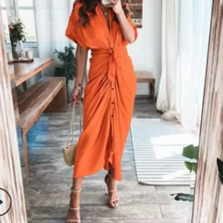 Summer Bandage Shirt Dress with Button & Ruched Waist