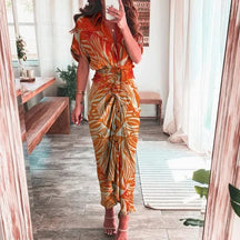 Summer Bandage Shirt Dress with Button & Ruched Waist