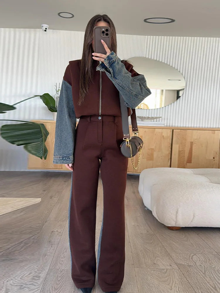 Denim Patchwork Sweatshirt Coat & Wide Leg Pants Set