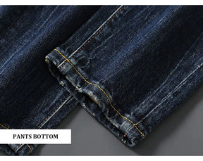 Italian street fashion men's jeans, high-quality retro washed blue elastic slim fit corrugated patch jeans, men's retro denim pa