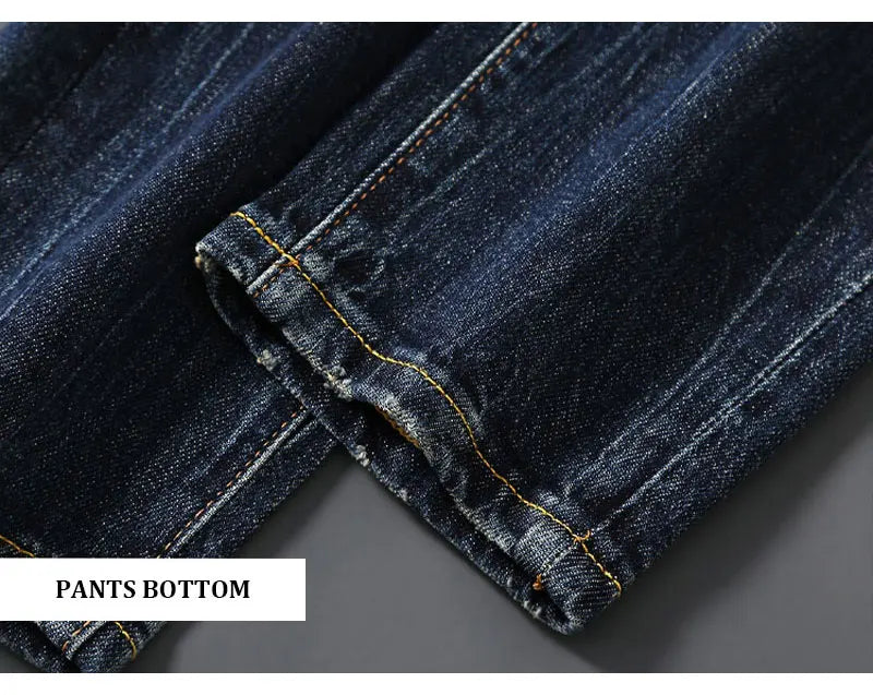 Italian street fashion men's jeans, high-quality retro washed blue elastic slim fit corrugated patch jeans, men's retro denim pa