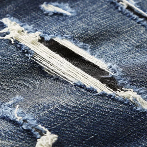 Italian street fashion men's jeans, high-quality retro washed blue elastic slim fit corrugated patch jeans, men's retro denim pa