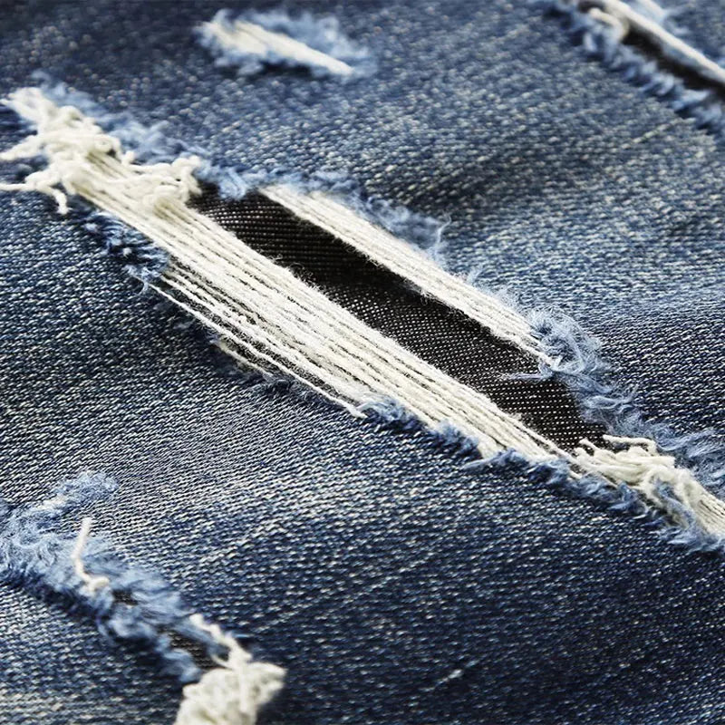Italian street fashion men's jeans, high-quality retro washed blue elastic slim fit corrugated patch jeans, men's retro denim pa