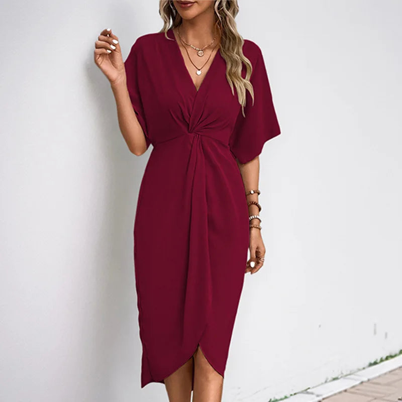 Summer Women's V-neck Pleated Irregular Midi Dress