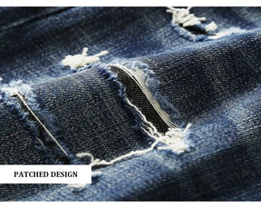 Italian street fashion men's jeans, high-quality retro washed blue elastic slim fit corrugated patch jeans, men's retro denim pa