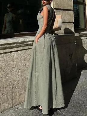 MUJER Zipper Pleated Sleeveless Bodycon Midi Dress