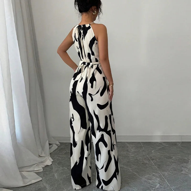 Summer Women's Sexy Halter Neck Geometric Print Jumpsuit