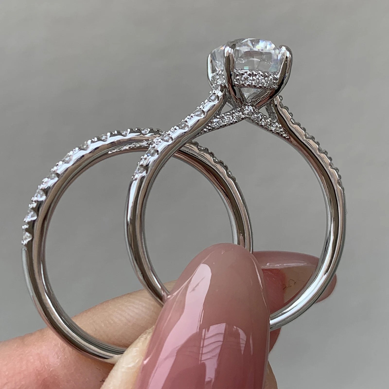 Newshe 2pcs 925 Sterling Silver Certified Moissanite Rings Set for Women