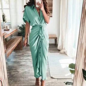 Summer Bandage Shirt Dress with Button & Ruched Waist