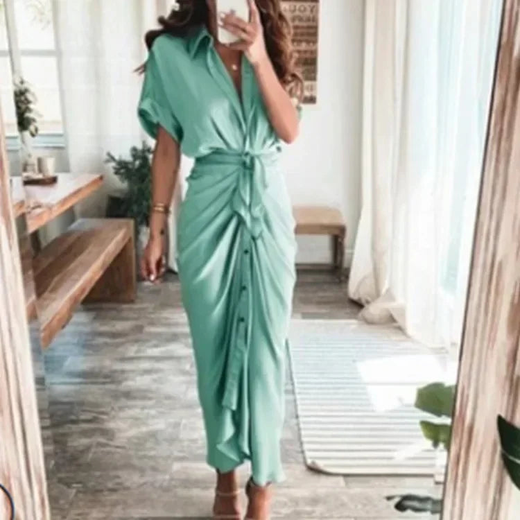 Summer Bandage Shirt Dress with Button & Ruched Waist