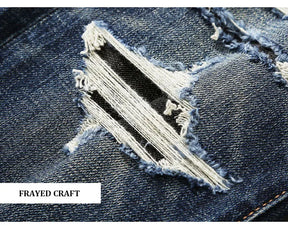 Italian street fashion men's jeans, high-quality retro washed blue elastic slim fit corrugated patch jeans, men's retro denim pa
