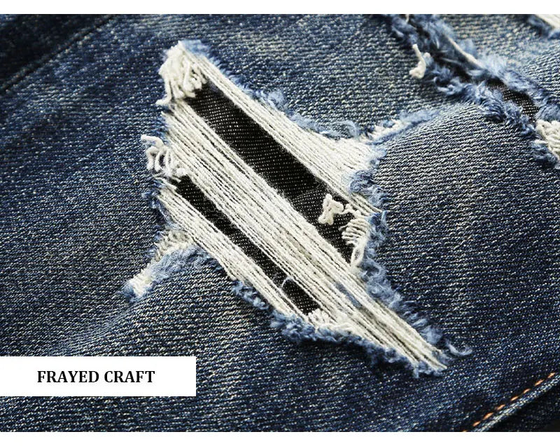 Italian street fashion men's jeans, high-quality retro washed blue elastic slim fit corrugated patch jeans, men's retro denim pa