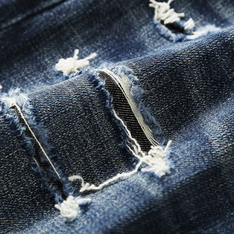 Italian street fashion men's jeans, high-quality retro washed blue elastic slim fit corrugated patch jeans, men's retro denim pa