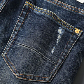 Italian street fashion men's jeans, high-quality retro washed blue elastic slim fit corrugated patch jeans, men's retro denim pa