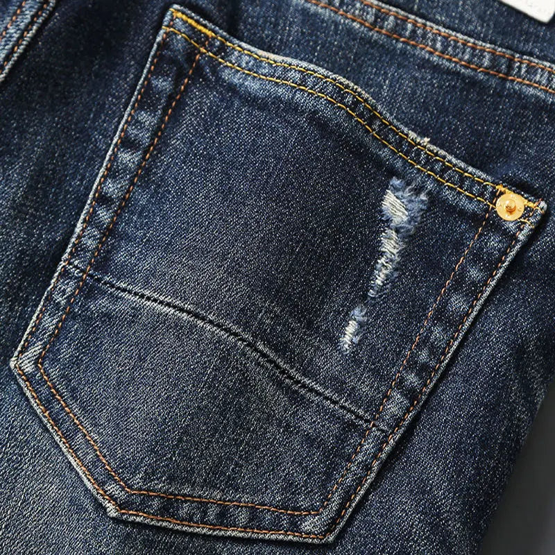 Italian street fashion men's jeans, high-quality retro washed blue elastic slim fit corrugated patch jeans, men's retro denim pa