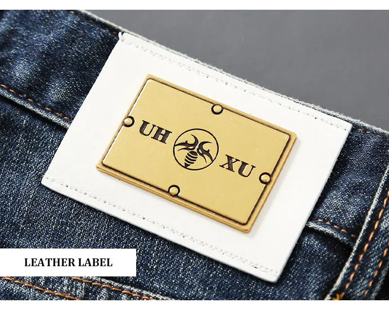 Italian street fashion men's jeans, high-quality retro washed blue elastic slim fit corrugated patch jeans, men's retro denim pa