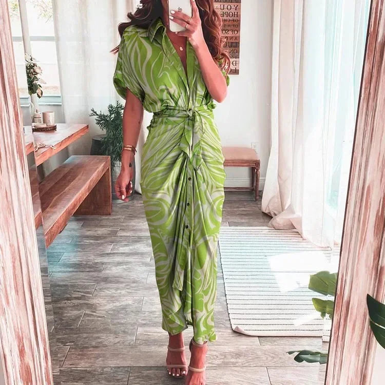 Summer Bandage Shirt Dress with Button & Ruched Waist