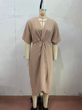 Summer Women's V-neck Pleated Irregular Midi Dress