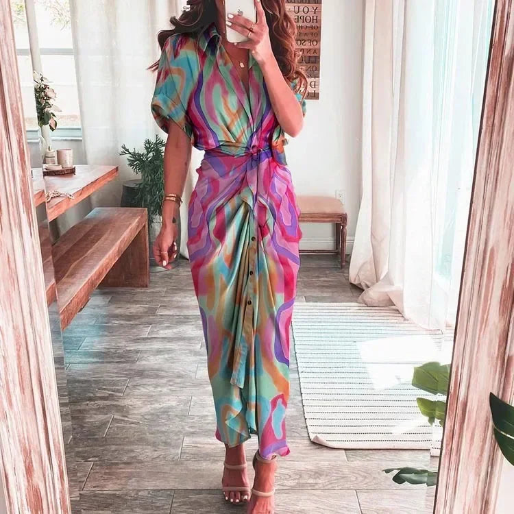 Summer Bandage Shirt Dress with Button & Ruched Waist