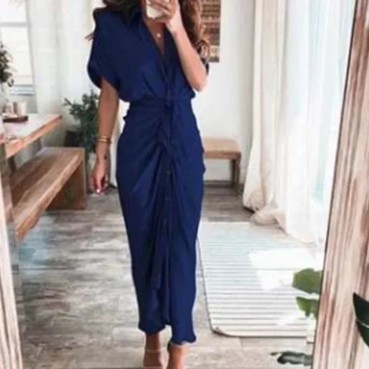 Summer Bandage Shirt Dress with Button & Ruched Waist