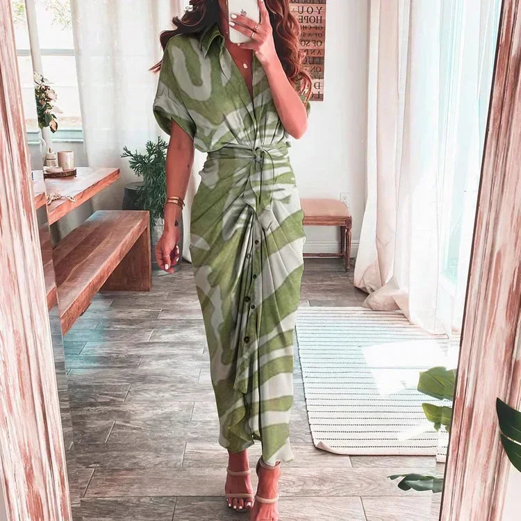 Summer Bandage Shirt Dress with Button & Ruched Waist