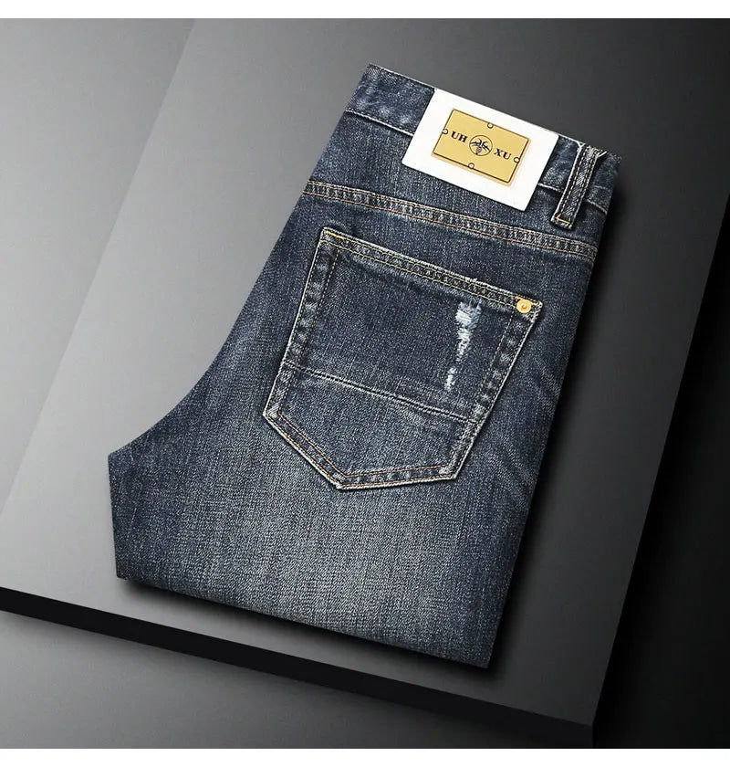 Italian street fashion men's jeans, high-quality retro washed blue elastic slim fit corrugated patch jeans, men's retro denim pa