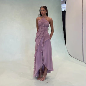 Chic Lotus Edge Backless Lace-Up Halter Maxi Dress