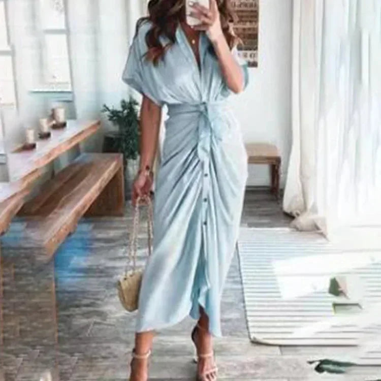Summer Bandage Shirt Dress with Button & Ruched Waist